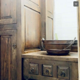 Bridgette Vanity and Linen Combo with copper bucket sink on top